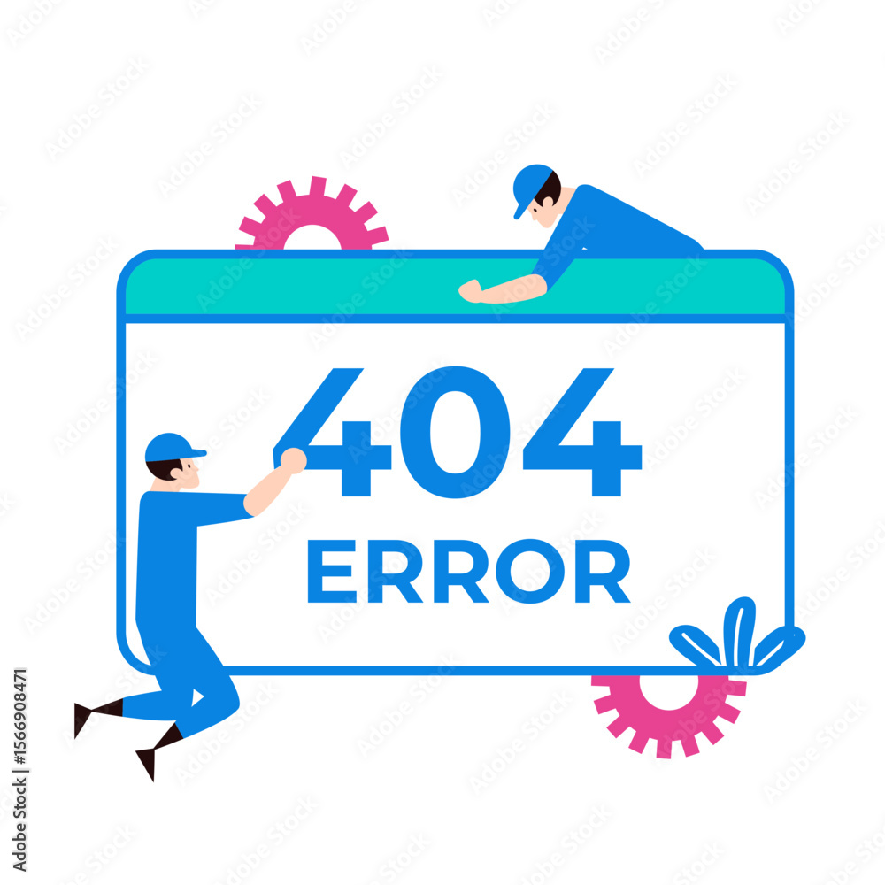 Poster website 404 error page with technicians fixing the problem isolated on transparent background