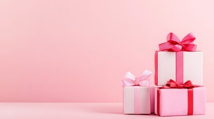 Stack of Gift Boxes in White, Pink, and Red with Ribbon on Rose Background perfect for Valentine's promotions, romantic greeting cards, feminine product ads and holiday packaging design