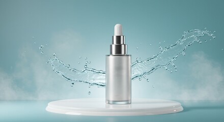 Bottle of hydrating facial serum against light blue backdrop with splashing water shows beauty and skincare