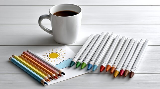 White mug with coffee sits on a table next to a piece of paper with a drawing of a sun and a cloud. The paper is surrounded by a variety of colored pencils