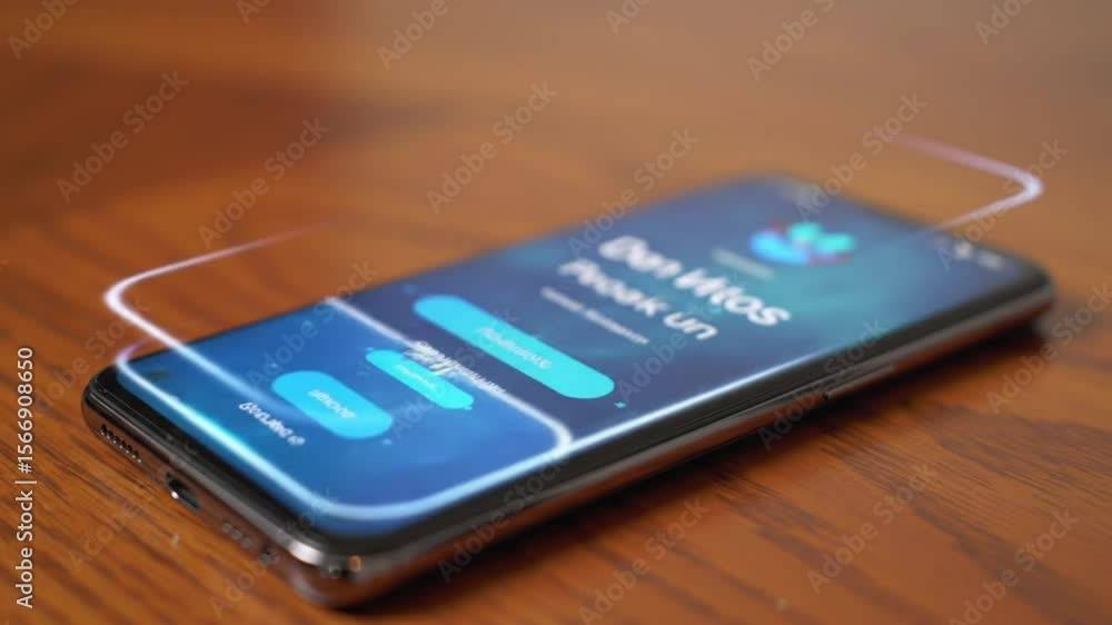 Poster futuristic smartphone interface with holographic display and app login screen on wooden surface