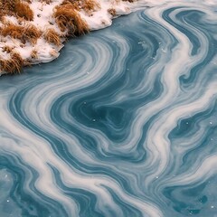 A frozen river winds through a snow-covered winter landscape, reflecting the cold blue sky and icy white clouds