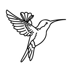 Black Hummingbird Line Art Flying with Flower Detail on White Background