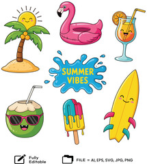 Cute stickers summer illustrations perfect for tropical designs and holiday themes.