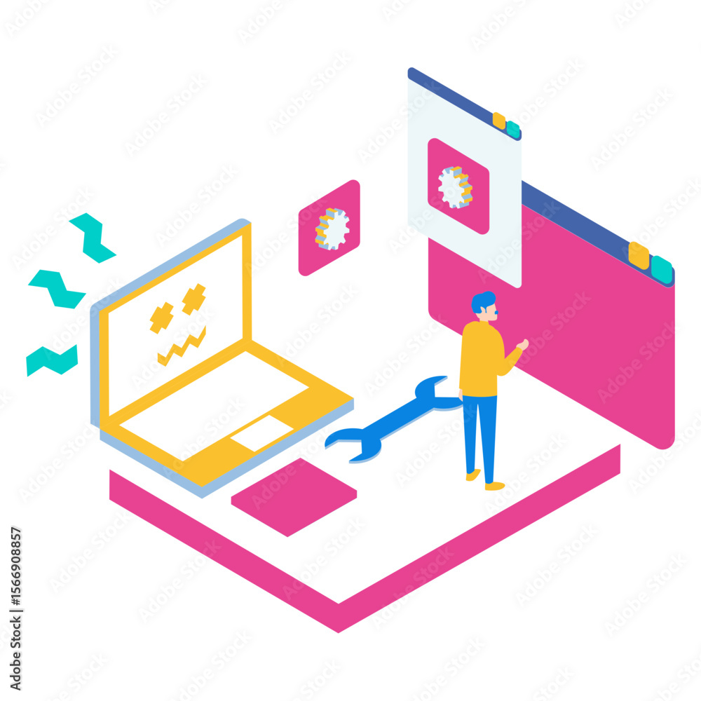 Poster person fixing a broken laptop with a wrench and gears on transparent background isolated on transpar