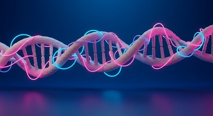 A stylized DNA double helix strand rendered in pink and blue neon lights against a dark background.