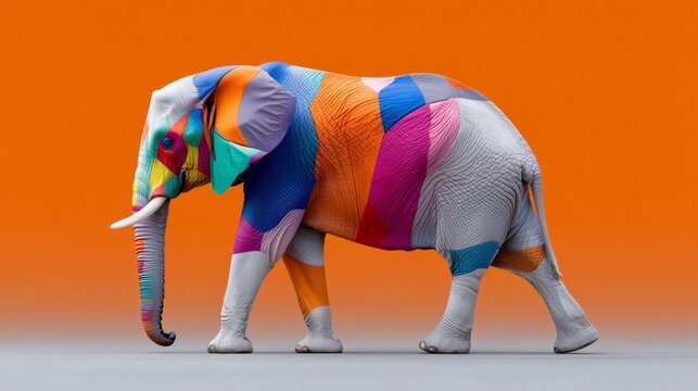 Colorful elephant walking on a red background. The elephant is painted in a rainbow of colors, with a white trunk and tusks. Concept of vibrancy and joy