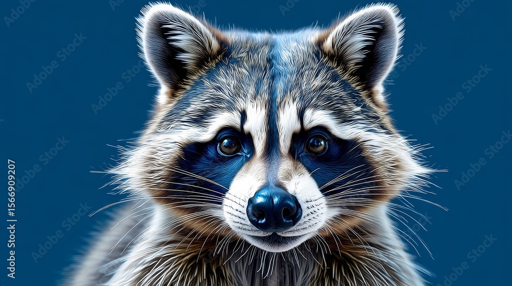 Poster raccoon with a blue stripe on its face is staring at the camera. the blue stripe on its face is a un