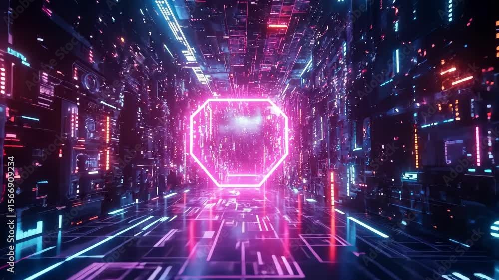Poster bright neon lines glow in the digital abstract grid space.