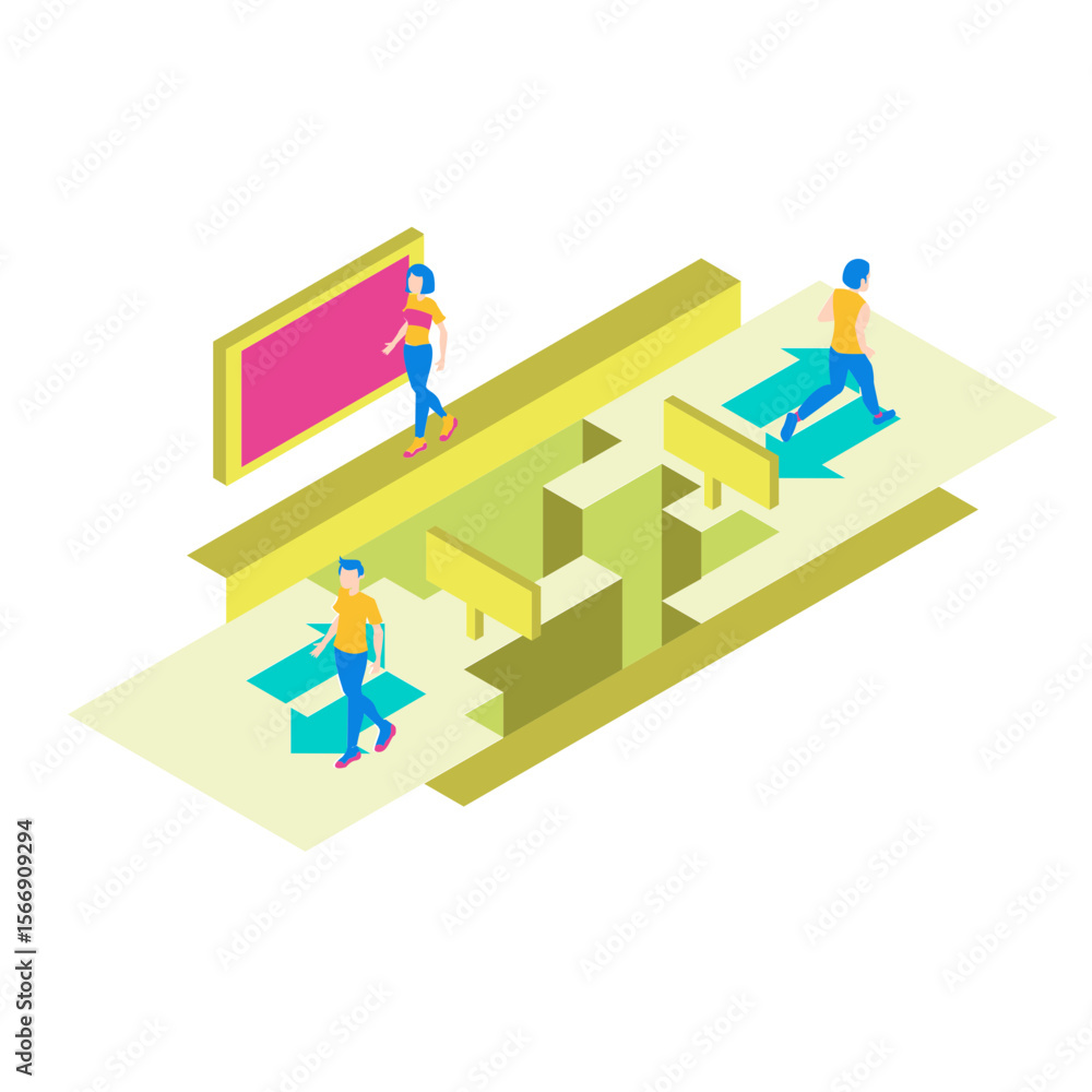 Poster people navigating a maze with directional arrows and signage isolated on transparent background