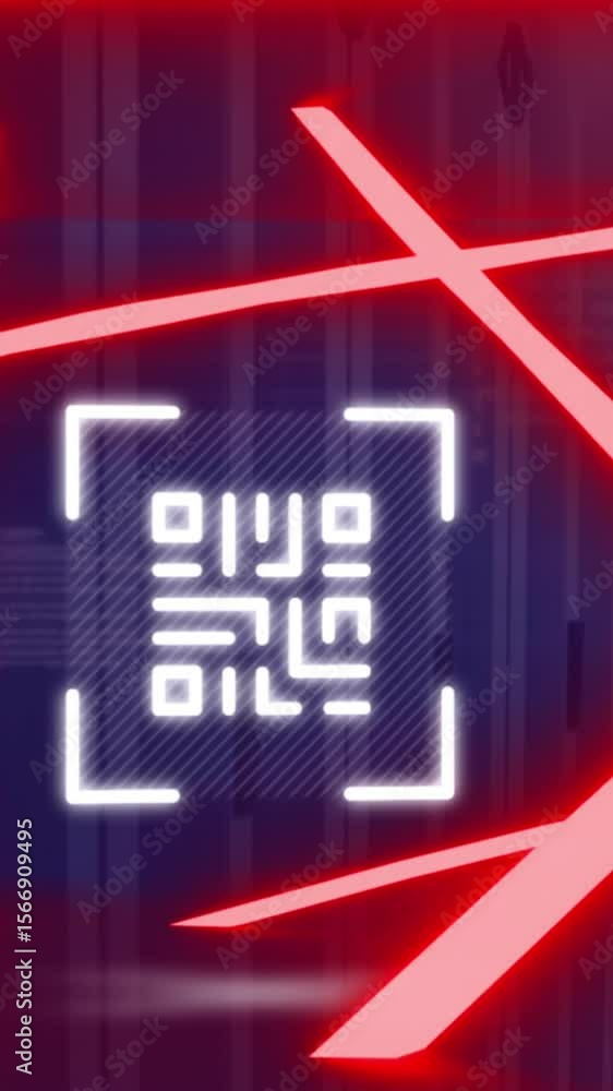 Poster Animation of neon qr code scanner and data processing against computer server room