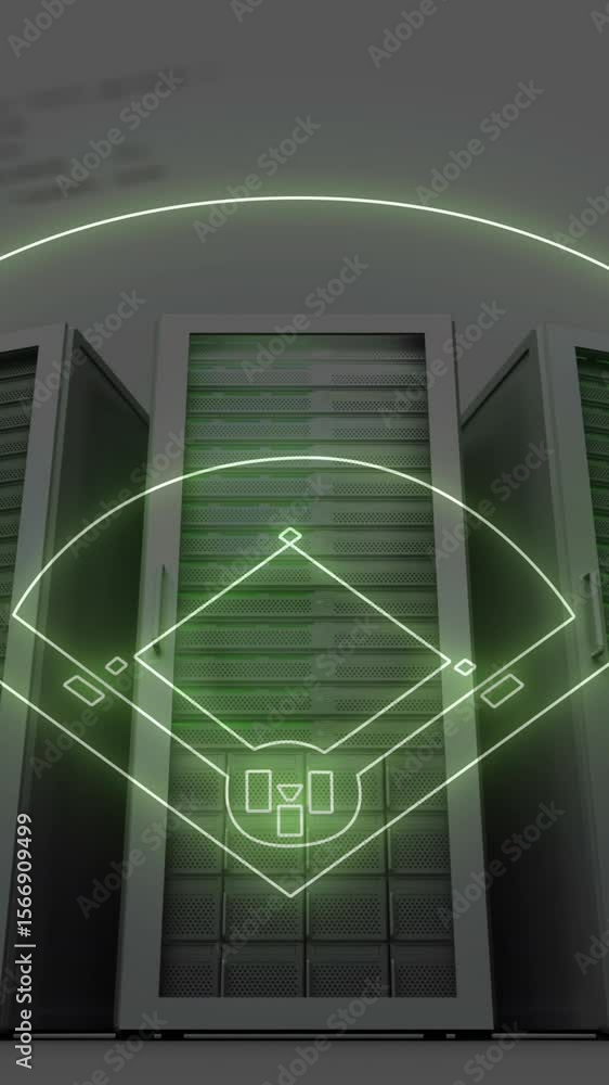 Poster animation of neon abstract shape and data processing against computer servers