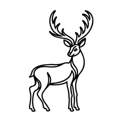 Fototapeta premium Black line art illustration of a deer with large antlers on white background
