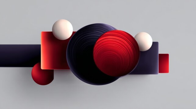 Series of red and black circles and squares are arranged in a way that creates a sense of movement and energy. The colors and shapes seem to be in constant motion