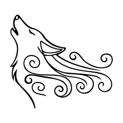Black and white howling wolf line art with stylized flowing elements