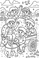 Coloring page happy children riding horse cart waving reading book countryside trees clouds bird playful joyful scene
