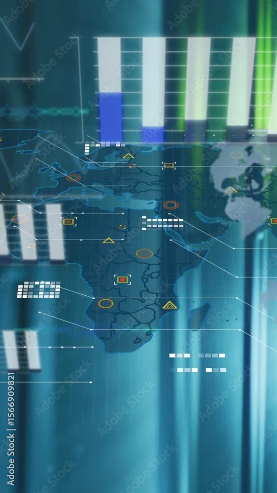 Poster animation of statistical data processing over world map against computer server room