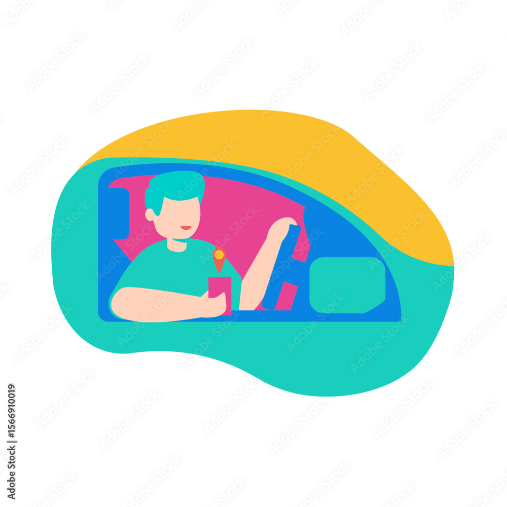 Poster man driving a car using a smartphone with gps navigation isolated on transparent background