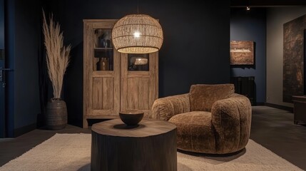 A cozy living room arrangement with natural elements.