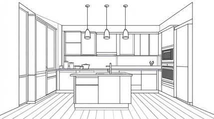 A line drawing of a modern kitchen interior design.