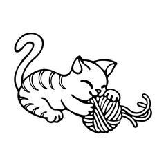 Black Line Art Kitten Playing with a Ball of Yarn feline