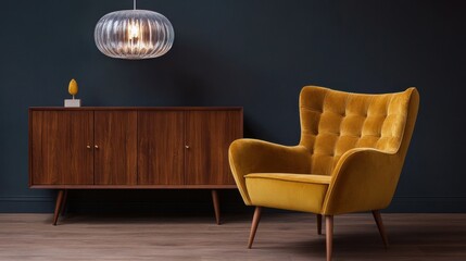 Mustard yellow velvet armchair and wooden sideboard in a modern living room.