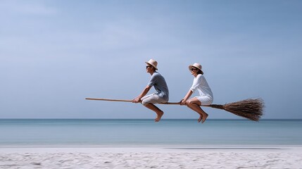 Man and woman are riding a broomstick over the ocean. Scene is lighthearted and playful