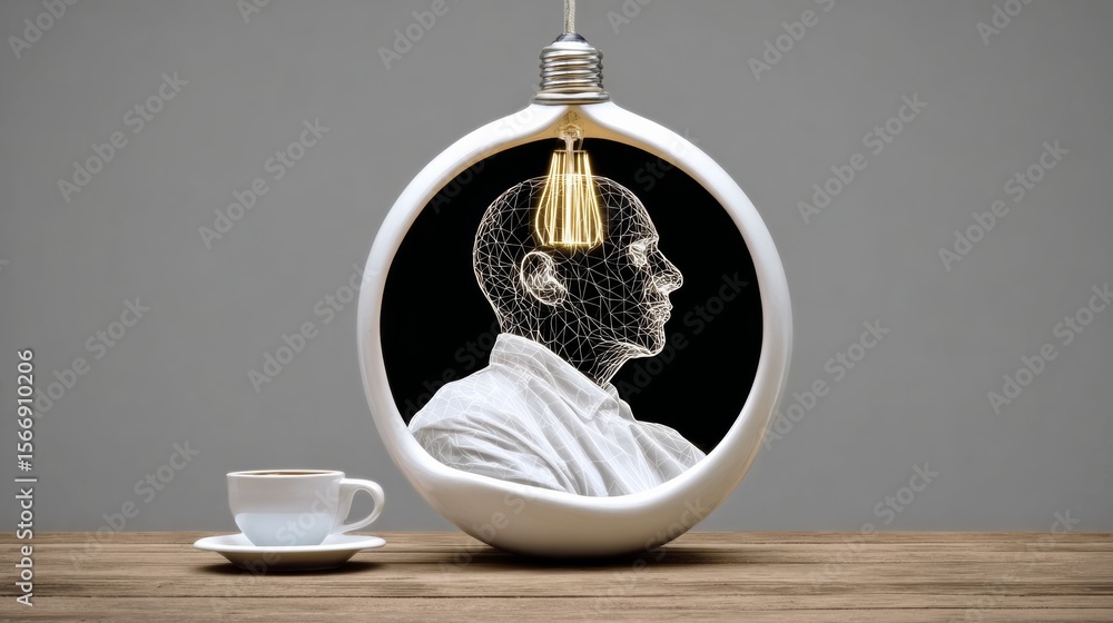Aufkleber man's head is lit up by a light bulb inside a glass. the image is a creative representation of the i