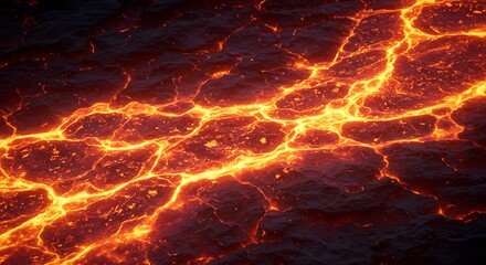 Molten lava flows across a dark, rocky surface, glowing with intense heat.