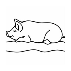 Black Line Art Pig Lying Down on White Background animal