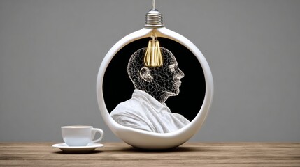 Man's head is lit up by a light bulb inside a glass. The image is a creative representation of the idea of a light bulb representing an idea or thought