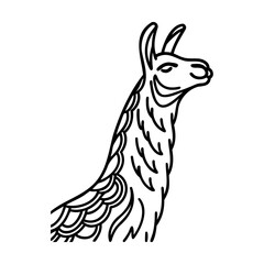 Black and white llama line art illustration on white background
