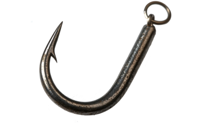 Sharp metal fishing hook isolated on a white background, ready to catch fish