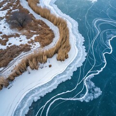 A frozen river winds through a snow-covered winter landscape, reflecting the cold blue sky and icy white clouds