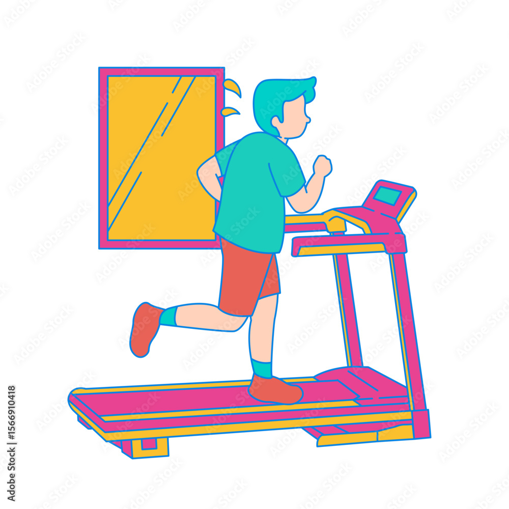 Poster man running on a treadmill in front of a mirror isolated on transparent background