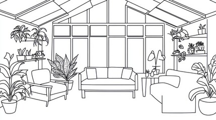Line drawing of a greenhouse style living room with plants.