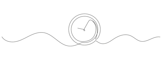 Clock with arrow in one continuous line. Minimalist time icon symbolizing deadline, schedule, or morning routine. Line art timer on transparent background. Save your time concept illustration.