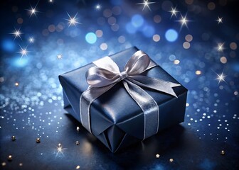 A blue gift box with a silver ribbon sits on a surface with scattered stars and bokeh