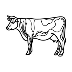 Black and white cow illustration with thick outline on white background