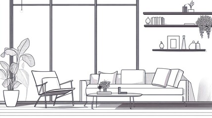 Line drawing of a modern living room interior design.