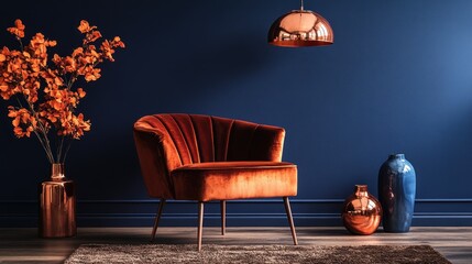A sophisticated living room featuring a deep blue wall, a rust-colored velvet chair, and copper accents.