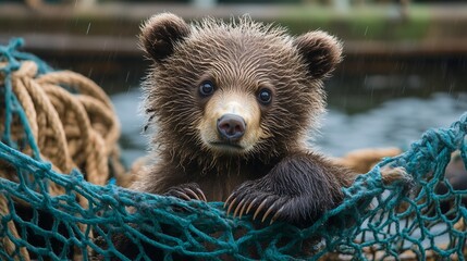 Obraz premium A cute brown bear cub curiously peeking over a fishing net near water, showcasing its playful nature.
