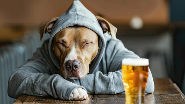 A dog in a hoodie sits at a table with a glass of beer, great for use in humorous ads or social media posts