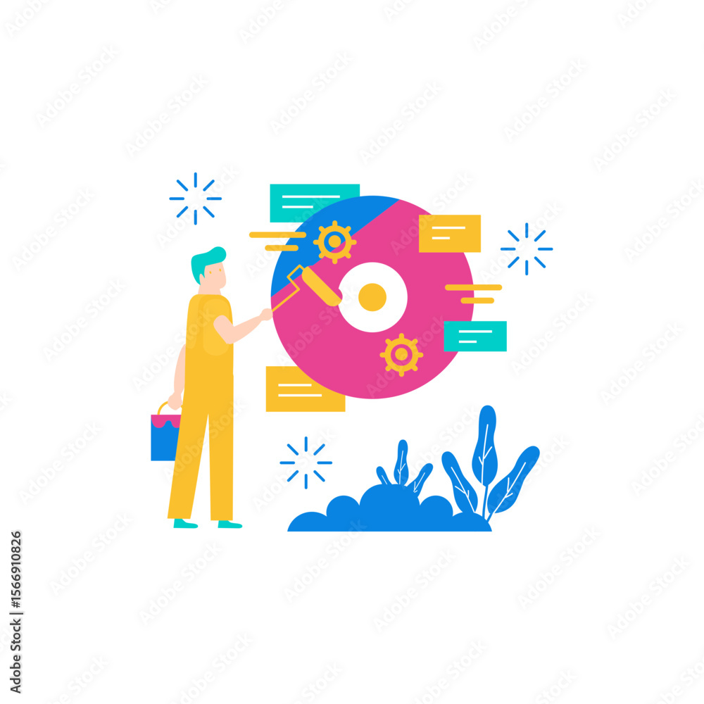 Poster man painting a colorful circular diagram with gears and data points isolated on transparent backgrou