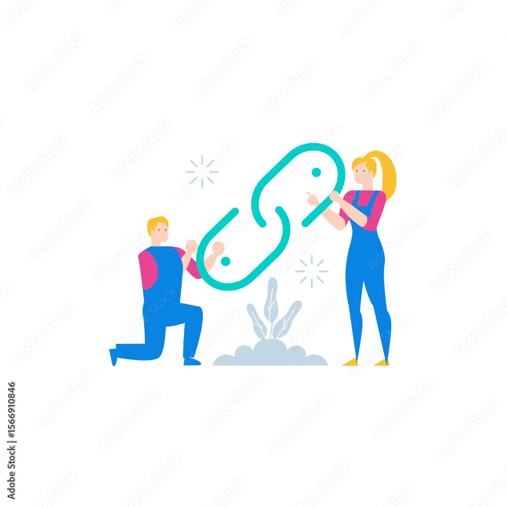 Poster two people building a chain link connection for teamwork and collaboration isolated on transparent b