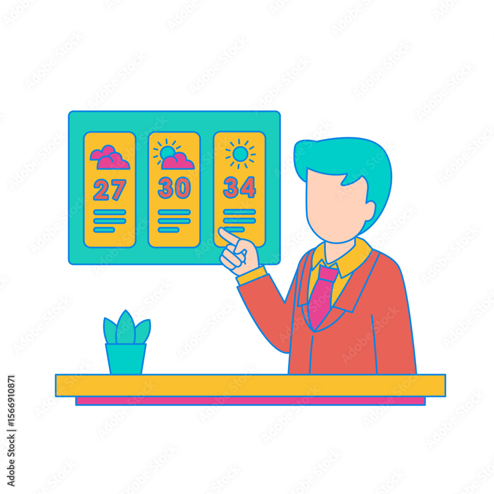 Poster man presenting weather forecast with temperature and cloud icons isolated on transparent background