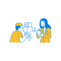 Journalist interviewing person with a video camera isolated on transparent background