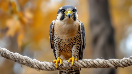 A majestic peregrine falcon perched on a rope against a backdrop of autumn leaves.