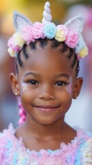 Fototapeta premium Smiling Little Girl with Unicorn Headband and Whimsical Face Paint