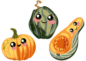 Adorable vector set of three kawaii pumpkins with smiling faces and blush cheeks. Perfect for children’s books, educational posters, DIY crafts, vegetarian food blogs, or holiday cards